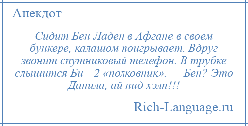 
    Сидит Бен Ладен в Афгане в своем бункере, калашом поигрывает. Вдруг звонит спутниковый телефон. В трубке слышится Би—2 «полковник». — Бен? Это Данила, ай нид хэлп!!!