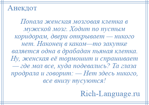 
    Попала женская мозговая клетка в мужской мозг. Ходит по пустым коридорам, двери открывает — никого нет. Наконец в каком—то закутке валяется одна в драбадан пьяная клетка. Ну, женская её тормошит и спрашивает — где мол все, куда подевались? Та глаза продрала и говорит: — Нет здесь никого, все внизу тусуются!