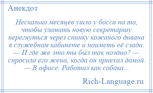 
    Несколько месяцев ушло у босса на то, чтобы уломать новую секретаршу перегнуться через спинку кожаного дивана в служебном кабинете и поиметь её сзади. — И где же это ты был так поздно? — спросила его жена, когда он приехал домой. — В офисе. Работал как собака...