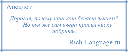 
    Дорогая, почему наш кот бегает лысым? — Но ты же сам вчера просил киску побрить.
