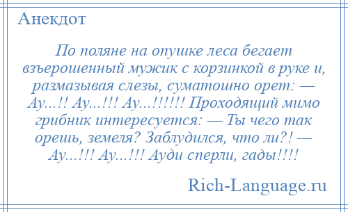 
    По поляне на опушке леса бегает взъерошенный мужик с корзинкой в руке и, размазывая слезы, суматошно орет: — Ау...!! Ау...!!! Ау...!!!!!! Проходящий мимо грибник интересуется: — Ты чего так орешь, земеля? Заблудился, что ли?! — Ау...!!! Ау...!!! Ауди сперли, гады!!!!