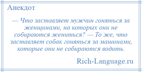 
    — Что заставляет мужчин гоняться за женщинами, на которых они не собираются жениться? — То же, что заставляет собак гоняться за машинами, которые они не собираются водить.