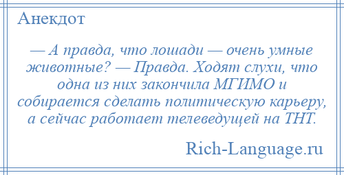 
    — А правда, что лошади — очень умные животные? — Правда. Ходят слухи, что одна из них закончила МГИМО и собирается сделать политическую карьеру, а сейчас работает телеведущей на ТНТ.