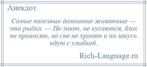 
    Самые полезные домашние животные — это рыбки. — Не лают, не кусаются, блох не приносят, во сне не храпят и на закусь идут с улыбкой.