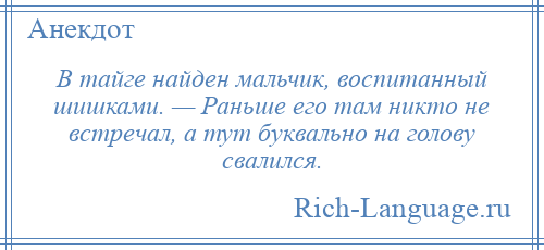 
    В тайге найден мальчик, воспитанный шишками. — Раньше его там никто не встречал, а тут буквально на голову свалился.