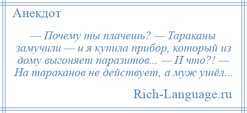 
    — Почему ты плачешь? — Тараканы замучили — и я купила прибор, который из дому выгоняет паразитов... — И что?! — На тараканов не действует, а муж ушёл...