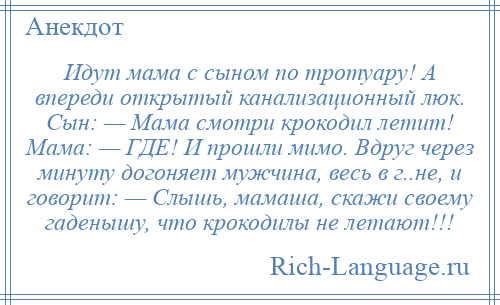 
    Идут мама с сыном по тротуару! А впереди открытый канализационный люк. Сын: — Мама смотри крокодил летит! Мама: — ГДЕ! И прошли мимо. Вдруг через минуту догоняет мужчина, весь в г..не, и говорит: — Слышь, мамаша, скажи своему гаденышу, что крокодилы не летают!!!