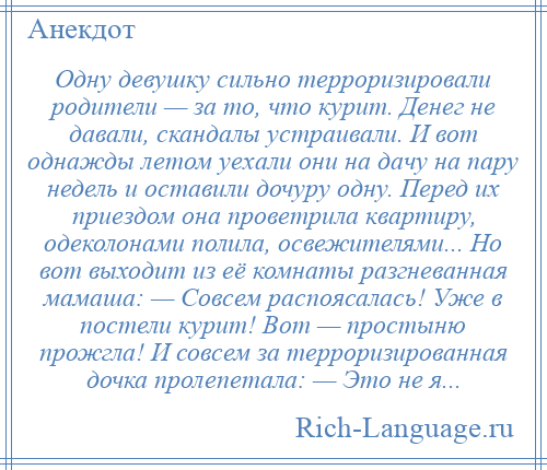 
    Одну девушку сильно терроризировали родители — за то, что курит. Денег не давали, скандалы устраивали. И вот однажды летом уехали они на дачу на пару недель и оставили дочуру одну. Перед их приездом она проветрила квартиру, одеколонами полила, освежителями... Но вот выходит из её комнаты разгневанная мамаша: — Совсем распоясалась! Уже в постели курит! Вот — простыню прожгла! И совсем за терроризированная дочка пролепетала: — Это не я...