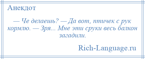 
    — Че делаешь? — Да вот, птичек с рук кормлю. — Зря... Мне эти сруки весь балкон загадили.