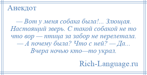 
    — Вот у меня собака была!... Злющая. Настоящий зверь. С такой собакой не то что вор — птица за забор не перелетала. — А почему была? Что с ней? — Да... Вчера ночью кто—то украл.