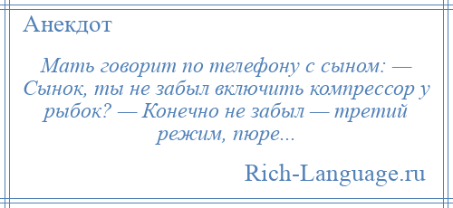 
    Мать говорит по телефону с сыном: — Сынок, ты не забыл включить компрессор у рыбок? — Конечно не забыл — третий режим, пюре...