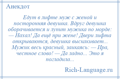 
    Едут в лифте муж с женой и посторонняя девушка. Вдруг девушка оборачивается и лупит мужика по морде: — Нахал! Да ещё при жене! Двери лифта открываются, девушка выскакивает... Мужик весь красный, заикаясь: — Ира, честное слово! — Да ладно... Это я погладила...