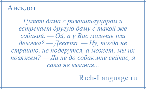 
    Гуляет дама с ризеншнауцером и встречает другую даму с такой же собакой. — Ой, а у Вас мальчик или девочка? — Девочка. — Ну, тогда не страшно, не подерутся, а может, мы их повяжем? — Да не до собак мне сейчас, я сама не вязаная...
