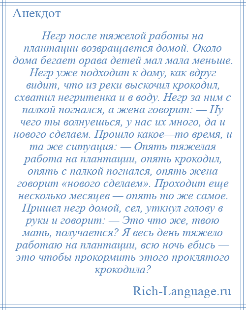 
    Негр после тяжелой работы на плантации возвращается домой. Около дома бегает орава детей мал мала меньше. Негр уже подходит к дому, как вдруг видит, что из реки выскочил крокодил, схватил негритенка и в воду. Негр за ним с палкой погнался, а жена говорит: — Ну чего ты волнуешься, у нас их много, да и нового сделаем. Прошло какое—то время, и та же ситуация: — Опять тяжелая работа на плантации, опять крокодил, опять с палкой погнался, опять жена говорит «нового сделаем». Проходит еще несколько месяцев — опять то же самое. Пришел негр домой, сел, уткнул голову в руки и говорит: — Это что же, твою мать, получается? Я весь день тяжело работаю на плантации, всю ночь ебись — это чтобы прокормить этого проклятого крокодила?