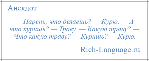 
    — Парень, что делаешь? — Курю. — А что куришь? — Траву. — Какую траву? — Что какую траву? — Куришь? — Курю.