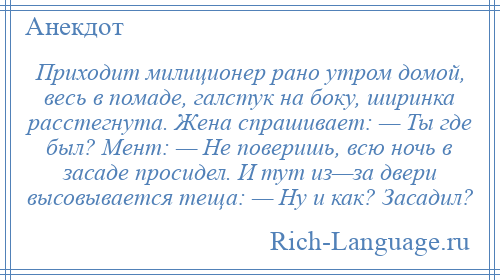 
    Приходит милиционер рано утром домой, весь в помаде, галстук на боку, ширинка расстегнута. Жена спрашивает: — Ты где был? Мент: — Не поверишь, всю ночь в засаде просидел. И тут из—за двери высовывается теща: — Ну и как? Засадил?