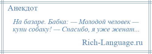 
    На базаре. Бабка: — Молодой человек — купи собаку! — Спасибо, я уже женат...