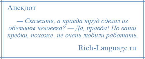 
    — Скажите, а правда труд сделал из обезьяны человека? — Да, правда! Но ваши предки, похоже, не очень любили работать.