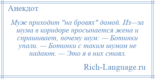 
    Муж приходит на бровях домой. Из—за шума в коридоре просыпается жена и спрашивает, почему шум: — Ботинки упали. — Ботинки с таким шумом не падают. — Это я в них стоял.