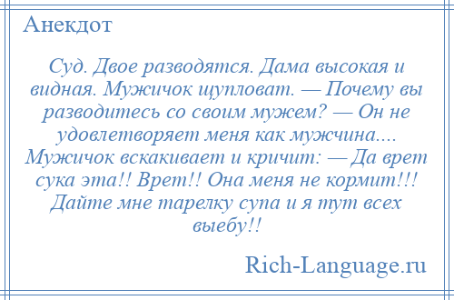 
    Суд. Двое разводятся. Дама высокая и видная. Мужичок щупловат. — Почему вы разводитесь со своим мужем? — Он не удовлетворяет меня как мужчина.... Мужичок вскакивает и кричит: — Да врет сука эта!! Врет!! Она меня не кормит!!! Дайте мне тарелку супа и я тут всех выебу!!