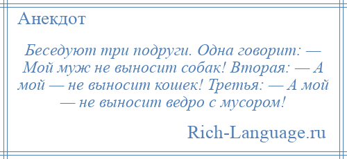 
    Беседуют три подруги. Одна говорит: — Мой муж не выносит собак! Вторая: — А мой — не выносит кошек! Третья: — А мой — не выносит ведро с мусором!