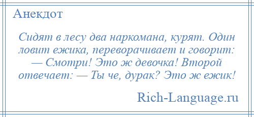 
    Сидят в лесу два наркомана, курят. Один ловит ежика, переворачивает и говорит: — Смотри! Это ж девочка! Второй отвечает: — Ты че, дурак? Это ж ежик!