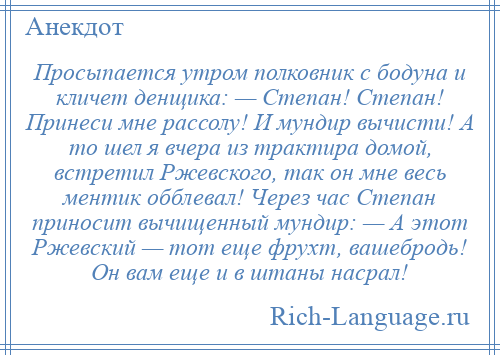 
    Просыпается утром полковник с бодуна и кличет денщика: — Степан! Степан! Принеси мне рассолу! И мундир вычисти! А то шел я вчера из трактира домой, встретил Ржевского, так он мне весь ментик обблевал! Через час Степан приносит вычищенный мундир: — А этот Ржевский — тот еще фрухт, вашебродь! Он вам еще и в штаны насрал!