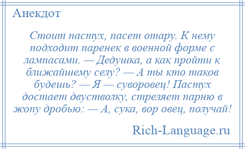 
    Стоит пастух, пасет отару. К нему подходит паренек в военной форме с лампасами. — Дедушка, а как пройти к ближайшему селу? — А ты кто таков будешь? — Я — суворовец! Пастух достает двустволку, стреляет парню в жопу дробью: — А, сука, вор овец, получай!