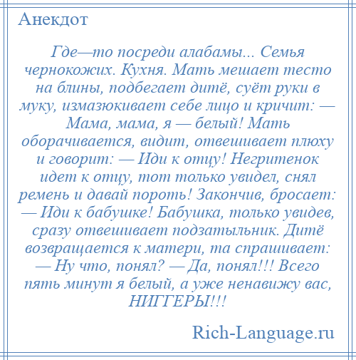 
    Где—то посреди алабамы... Семья чернокожих. Кухня. Мать мешает тесто на блины, подбегает дитё, суёт руки в муку, измазюкивает себе лицо и кричит: — Мама, мама, я — белый! Мать оборачивается, видит, отвешивает плюху и говорит: — Иди к отцу! Негритенок идет к отцу, тот только увидел, снял ремень и давай пороть! Закончив, бросает: — Иди к бабушке! Бабушка, только увидев, сразу отвешивает подзатыльник. Дитё возвращается к матери, та спрашивает: — Ну что, понял? — Да, понял!!! Всего пять минут я белый, а уже ненавижу вас, НИГГЕРЫ!!!