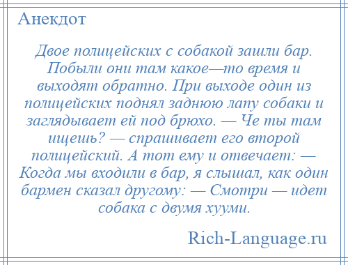 
    Двое полицейских с собакой зашли бар. Побыли они там какое—то время и выходят обратно. При выходе один из полицейских поднял заднюю лапу собаки и заглядывает ей под брюхо. — Че ты там ищешь? — спрашивает его второй полицейский. А тот ему и отвечает: — Когда мы входили в бар, я слышал, как один бармен сказал другому: — Смотри — идет собака с двумя хууми.