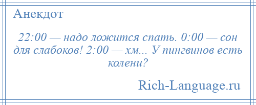 
    22:00 — надо ложится спать. 0:00 — сон для слабоков! 2:00 — хм... У пингвинов есть колени?