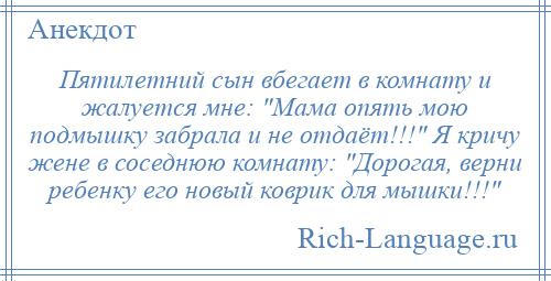 
    Пятилетний сын вбегает в комнату и жалуется мне: Мама опять мою подмышку забрала и не отдаёт!!! Я кричу жене в соседнюю комнату: Дорогая, верни ребенку его новый коврик для мышки!!! 