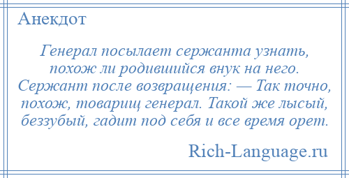 
    Генерал посылает сержанта узнать, похож ли родившийся внук на него. Сержант после возвращения: — Так точно, похож, товарищ генерал. Такой же лысый, беззубый, гадит под себя и все время орет.