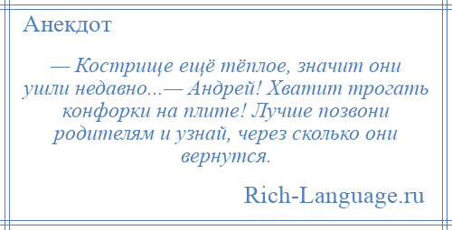 
    — Кострище ещё тёплое, значит они ушли недавно...— Андрей! Хватит трогать конфорки на плите! Лучше позвони родителям и узнай, через сколько они вернутся.