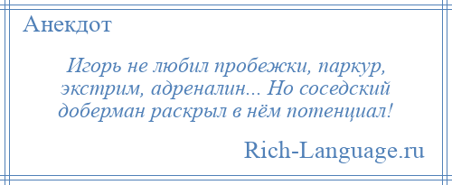 
    Игорь не любил пробежки, паркур, экстрим, адреналин... Но соседский доберман раскрыл в нём потенциал!