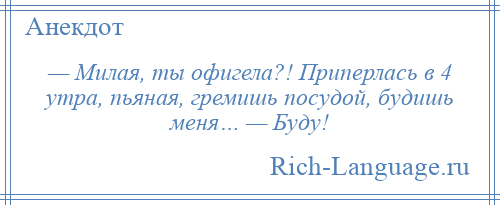 
    — Милая, ты офигела?! Приперлась в 4 утра, пьяная, гремишь посудой, будишь меня… — Буду!