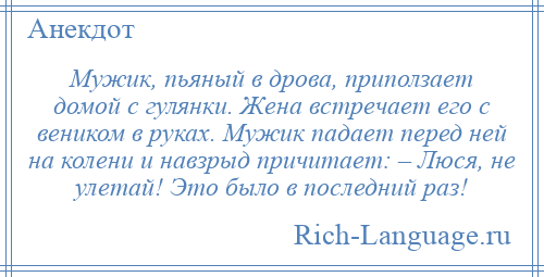
    Мужик, пьяный в дрова, приползает домой с гулянки. Жена встречает его с веником в руках. Мужик падает перед ней на колени и навзрыд причитает: – Люся, не улетай! Это было в последний раз!