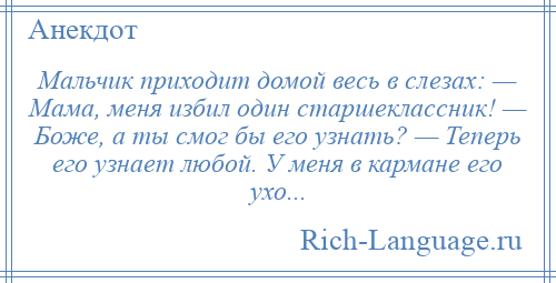 
    Мальчик приходит домой весь в слезах: — Мама, меня избил один старшеклассник! — Боже, а ты смог бы его узнать? — Теперь его узнает любой. У меня в кармане его ухо...