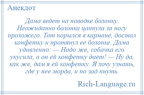 
    Дама ведет на поводке болонку. Неожиданно болонка цапнула за ногу прохожего. Тот порылся в кармане, достал конфетку и протянул ее болонке. Дама удивленно: — Надо же, собачка его укусила, а он ей конфетку дает! — Ну да, как же, дам я ей конфетку. Я хочу узнать, где у нее морда, и по зад пнуть.