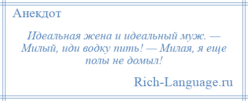 
    Идеальная жена и идеальный муж. — Милый, иди водку пить! — Милая, я еще полы не домыл!