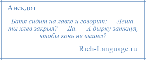 
    Батя сидит на лавке и говорит: — Леша, ты хлев закрыл? — Да. — А дырку заткнул, чтобы конь не вышел?