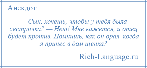 
    — Сын, хочешь, чтобы у тебя была сестричка? — Нет! Мне кажется, и отец будет против. Помнишь, как он орал, когда я принес в дом щенка?