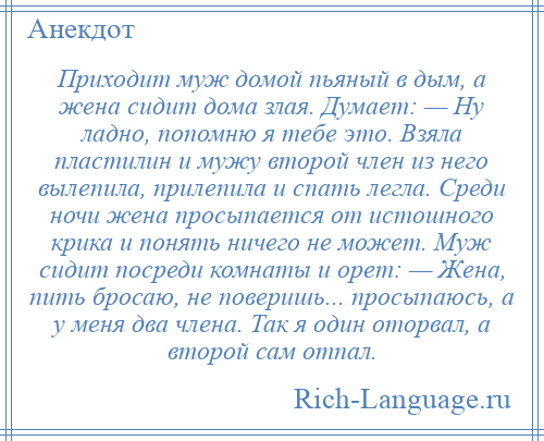 
    Приходит муж домой пьяный в дым, а жена сидит дома злая. Думает: — Ну ладно, попомню я тебе это. Взяла пластилин и мужу второй член из него вылепила, прилепила и спать легла. Среди ночи жена просыпается от истошного крика и понять ничего не может. Муж сидит посреди комнаты и орет: — Жена, пить бросаю, не поверишь... просыпаюсь, а у меня два члена. Так я один оторвал, а второй сам отпал.