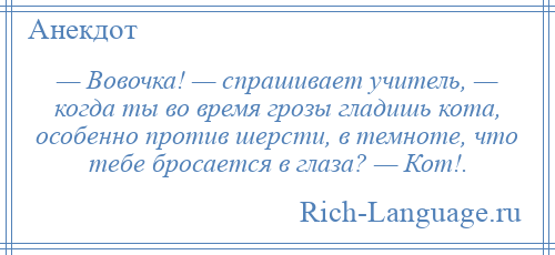 
    — Вовочка! — спрашивает учитель, — когда ты во время грозы гладишь кота, особенно против шерсти, в темноте, что тебе бросается в глаза? — Кот!.