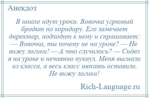 
    В школе идут уроки. Вовочка угрюмый бродит по коридору. Его замечает директор, подходит к нему и спрашивает: — Вовочка, ты почему не на уроке? — Не вижу логики! — А что случилось? — Сидел я на уроке и нечаянно пукнул. Меня выгнали из класса, а весь класс нюхать оставили. Не вижу логики!