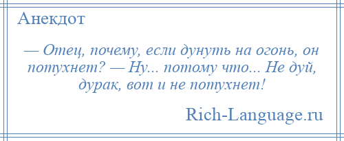 
    — Отец, почему, если дунуть на огонь, он потухнет? — Ну... потому что... Не дуй, дурак, вот и не потухнет!