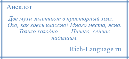 
    Две мухи залетают в просторный холл. — Ого, как здесь классно! Много места, ясно. Только холодно... — Ничего, сейчас надышим.