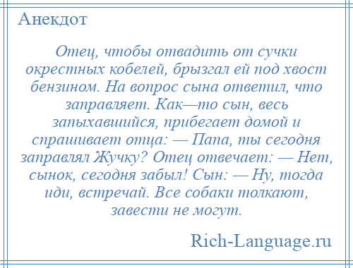 
    Отец, чтобы отвадить от сучки окрестных кобелей, брызгал ей под хвост бензином. На вопрос сына ответил, что заправляет. Как—то сын, весь запыхавшийся, прибегает домой и спрашивает отца: — Папа, ты сегодня заправлял Жучку? Отец отвечает: — Нет, сынок, сегодня забыл! Сын: — Ну, тогда иди, встречай. Все собаки толкают, завести не могут.