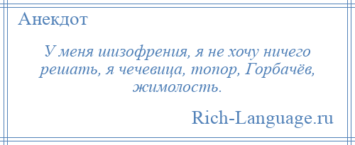 
    У меня шизофрения, я не хочу ничего решать, я чечевица, топор, Горбачёв, жимолость.