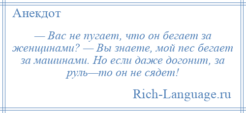 
    — Вас не пугает, что он бегает за женщинами? — Вы знаете, мой пес бегает за машинами. Но если даже догонит, за руль—то он не сядет!